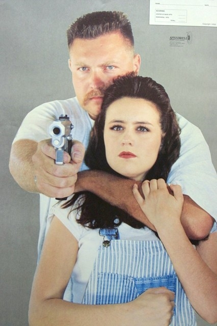 realistic hostile man with gun and woman hostage target 617